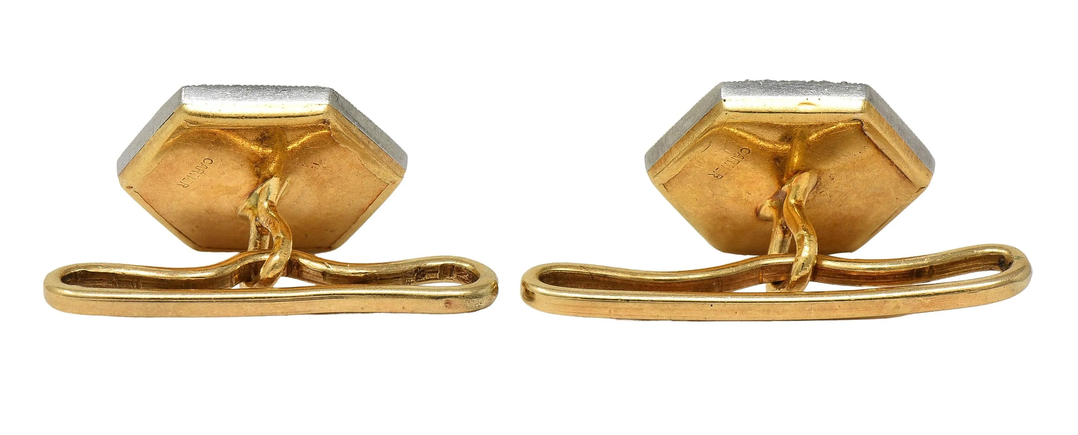Cartier French Edwardian Diamond Linen Platinum 18 Karat Yellow Gold Antique Hexagon Cufflink Dress Set