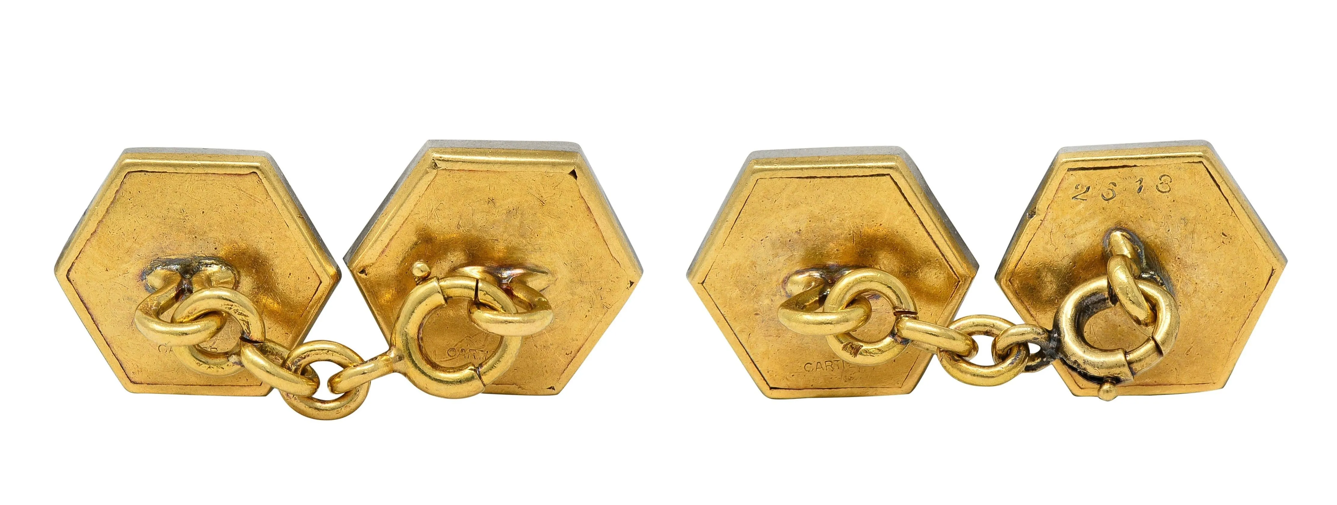 Cartier French Edwardian Diamond Linen Platinum 18 Karat Yellow Gold Antique Hexagon Cufflink Dress Set