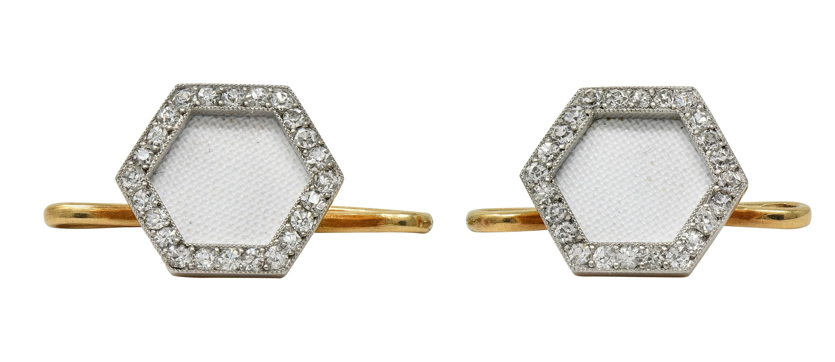 Cartier French Edwardian Diamond Linen Platinum 18 Karat Yellow Gold Antique Hexagon Cufflink Dress Set