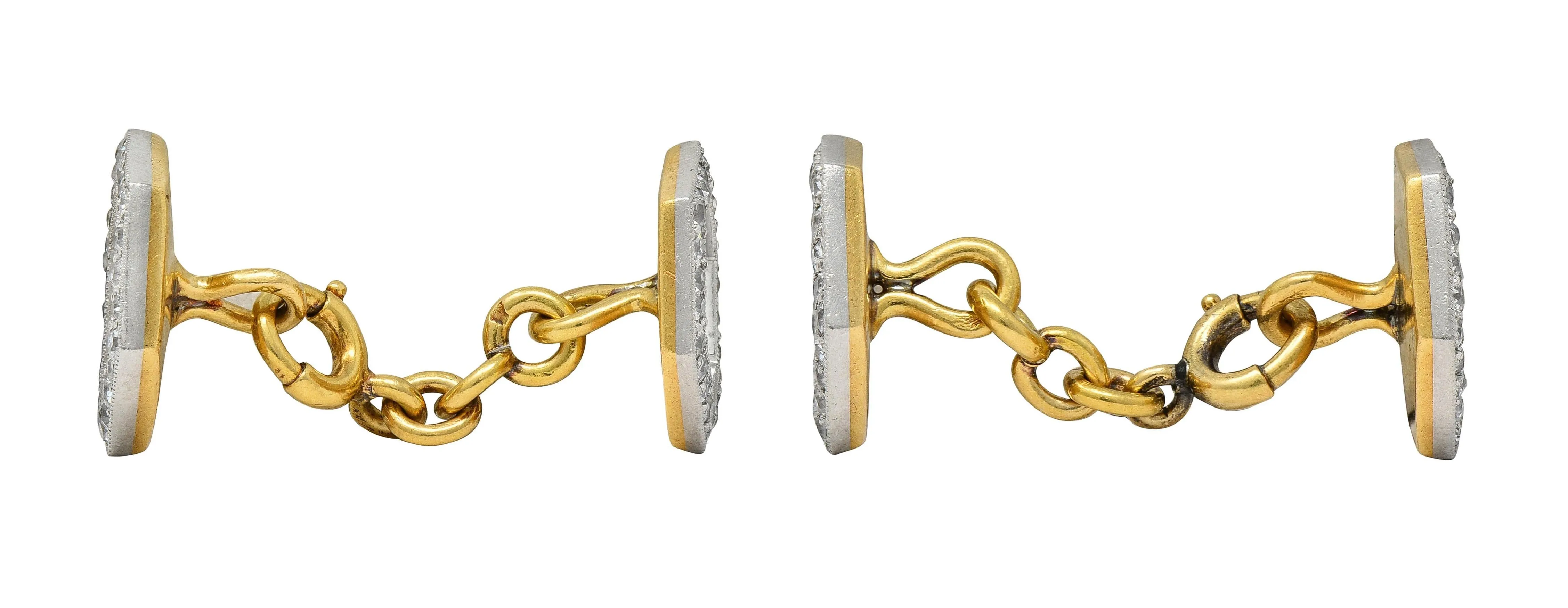 Cartier French Edwardian Diamond Linen Platinum 18 Karat Yellow Gold Antique Hexagon Cufflink Dress Set