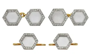 Cartier French Edwardian Diamond Linen Platinum 18 Karat Yellow Gold Antique Hexagon Cufflink Dress Set
