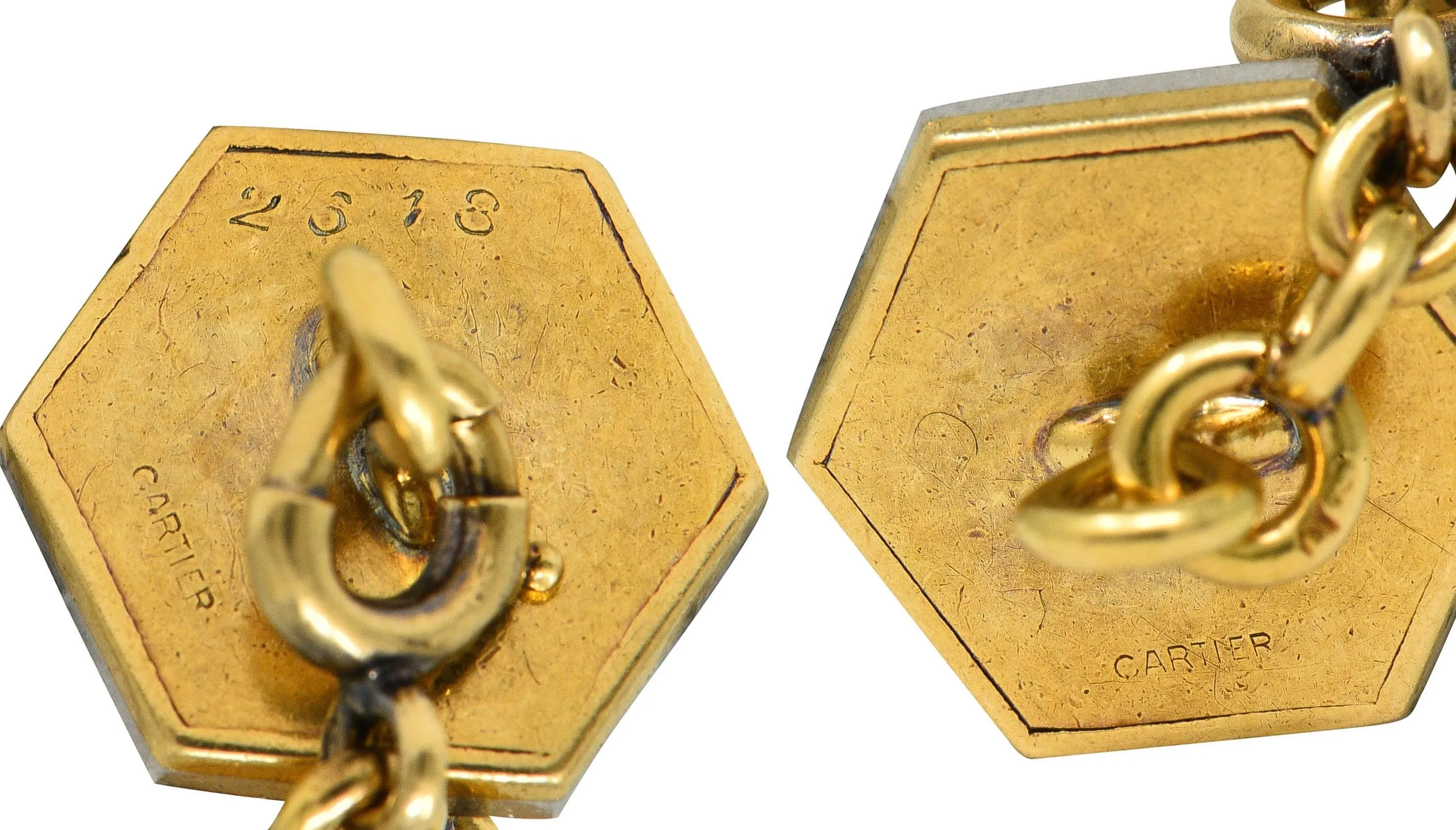 Cartier French Edwardian Diamond Linen Platinum 18 Karat Yellow Gold Antique Hexagon Cufflink Dress Set