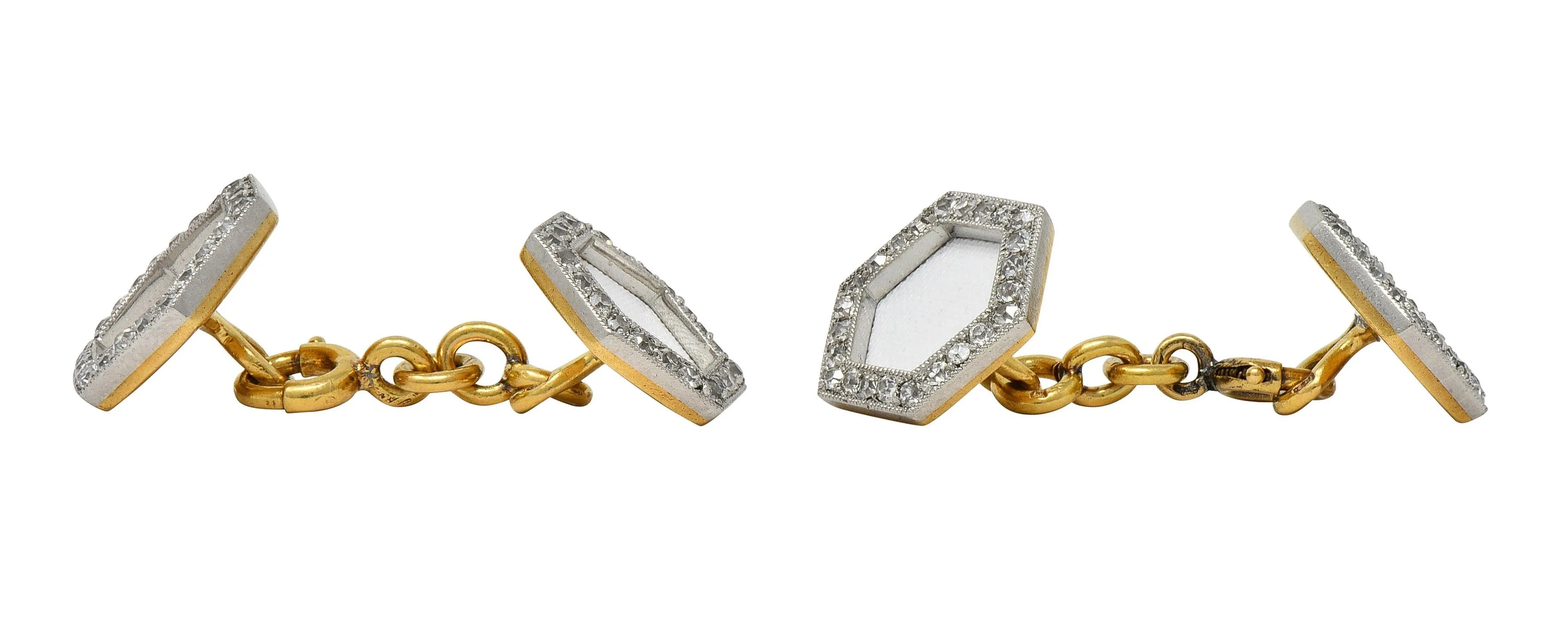 Cartier French Edwardian Diamond Linen Platinum 18 Karat Yellow Gold Antique Hexagon Cufflink Dress Set