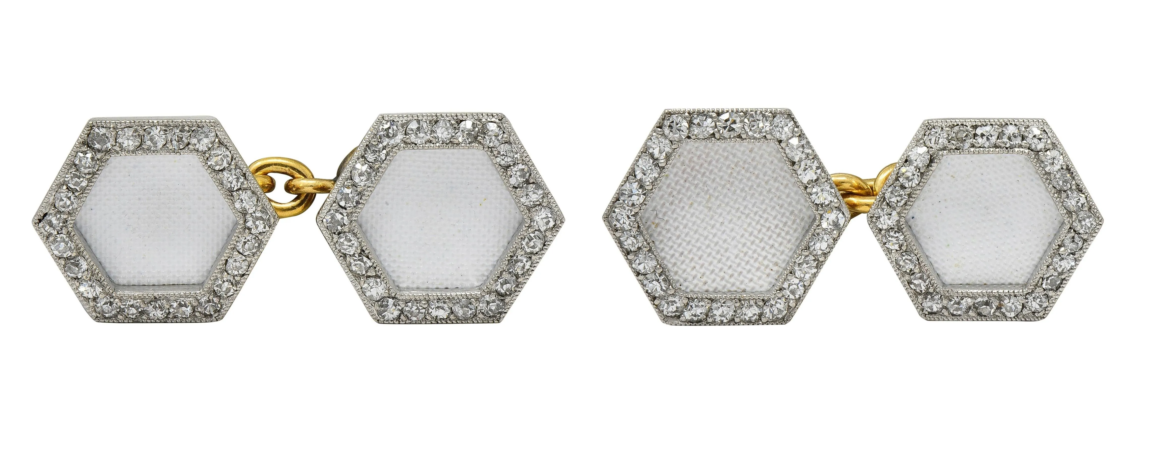 Cartier French Edwardian Diamond Linen Platinum 18 Karat Yellow Gold Antique Hexagon Cufflink Dress Set