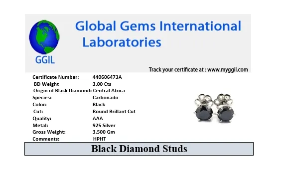 Certified 3 Ct Round Brilliant Cut Black Diamond Solitaire Studs, Amazing Collection with Great Shine