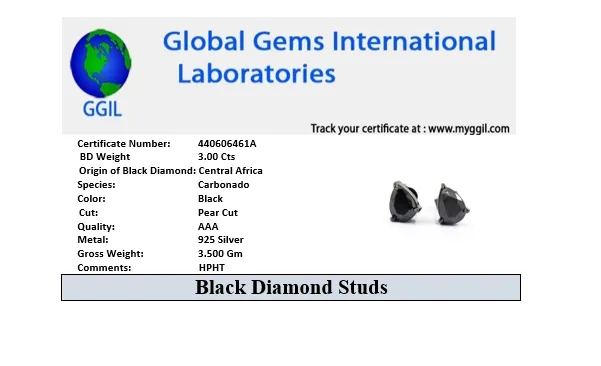Certified 4 Carat Pear Shape Black Diamond Solitaire Studs in 3 Prong Setting, Anniversary Gift