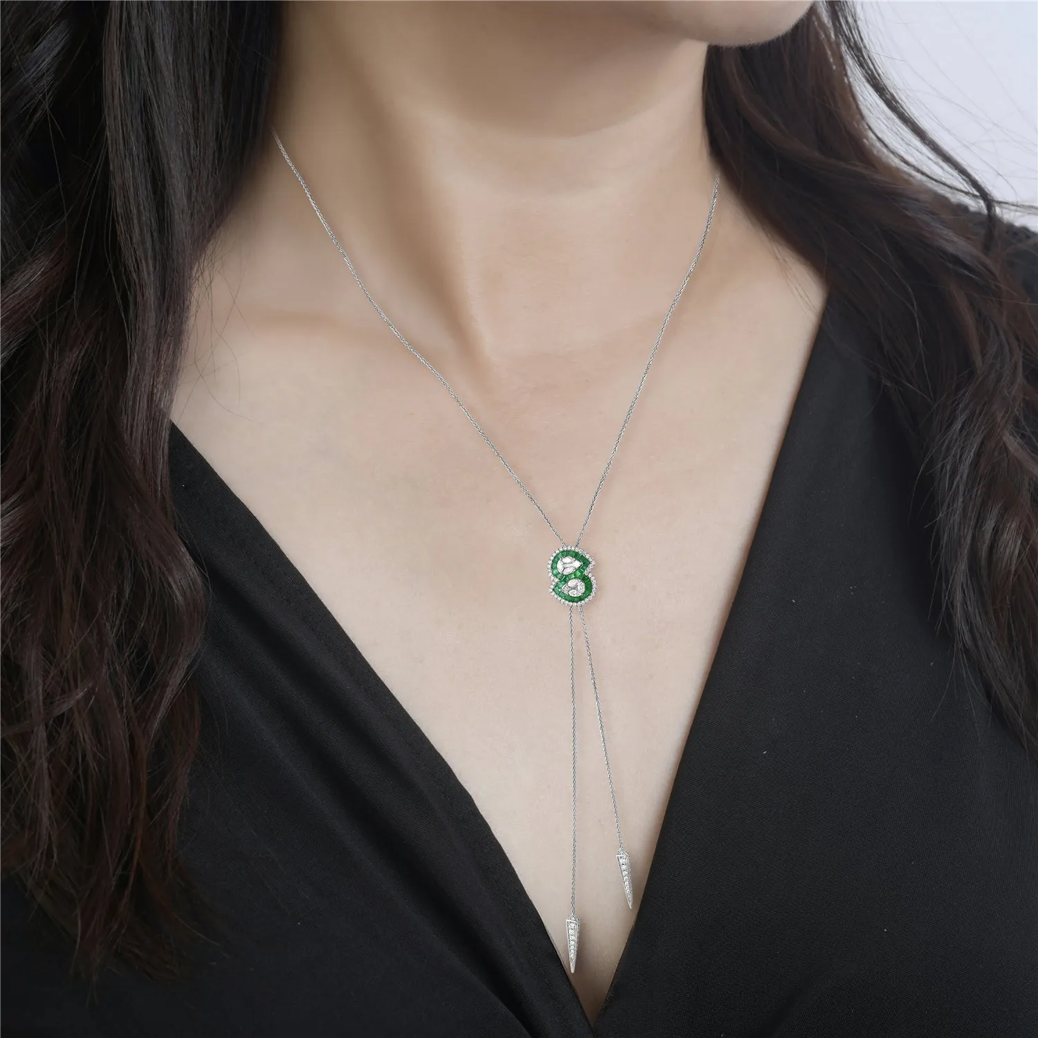 Channel Set Emerald Baguette Diamond Designer Statement Necklace In White Gold