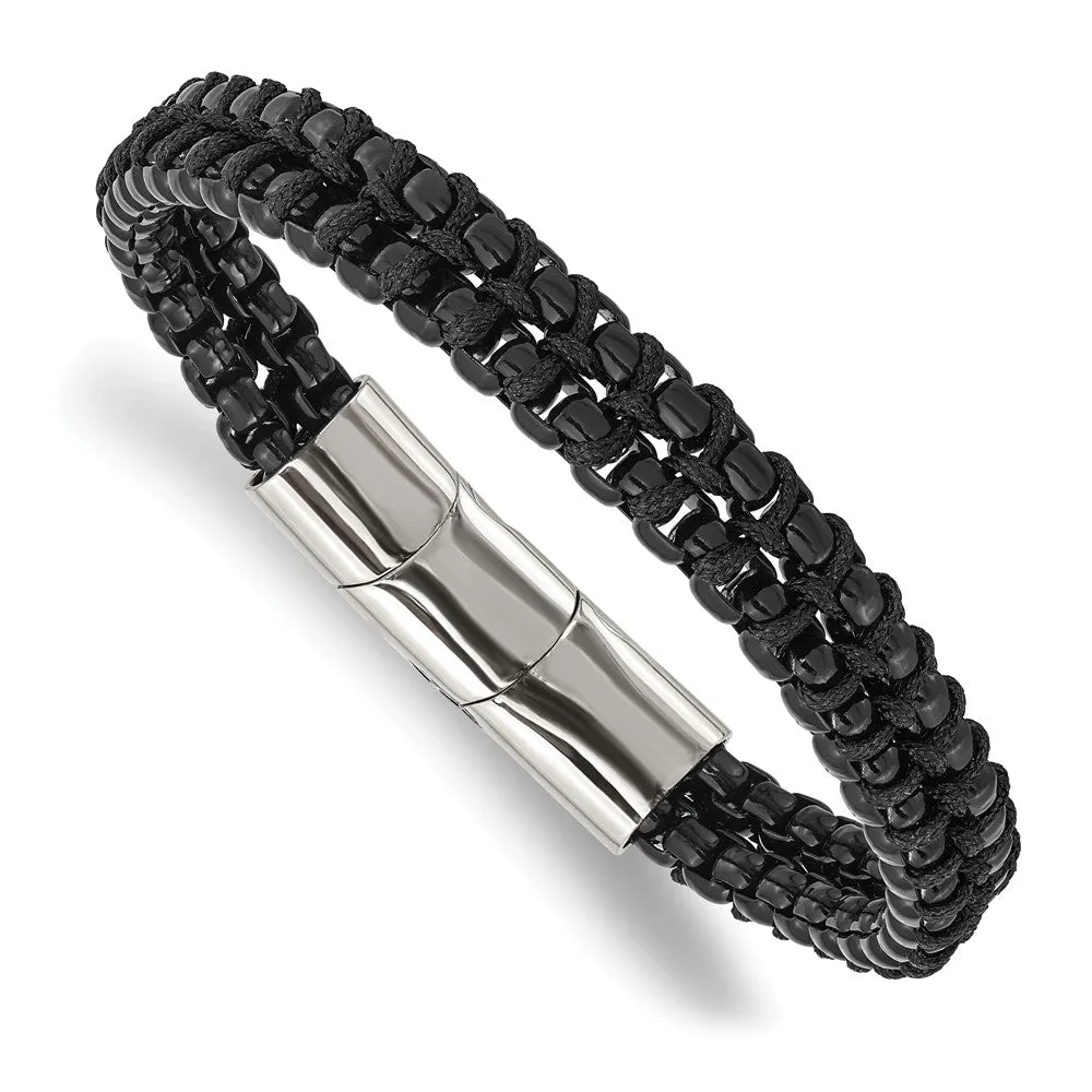 Chisel Stainless Steel Polished Black IP-plated with Black Cotton 8.5 inch Bracelet with .5 inch Extension