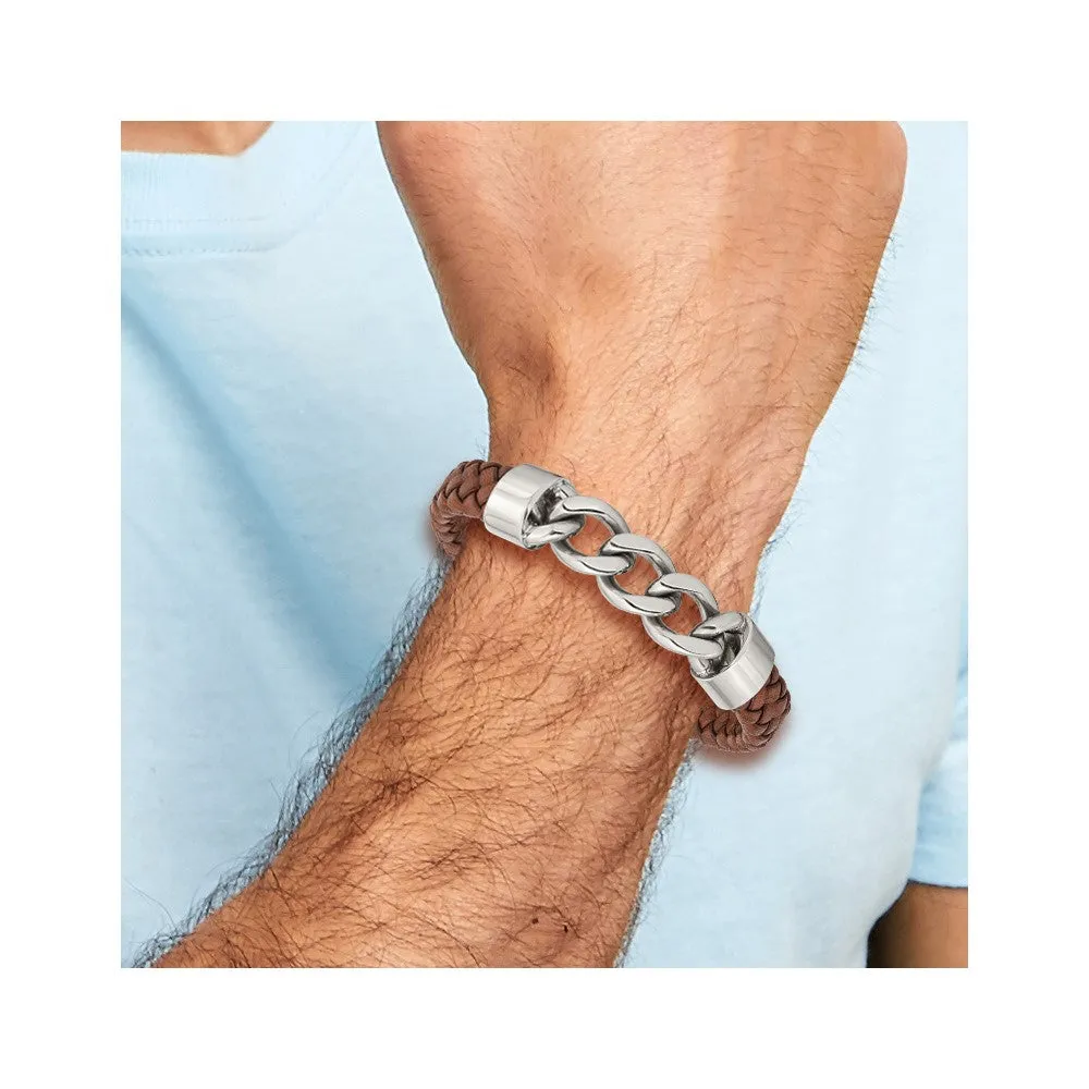 Chisel Stainless Steel Polished Chain and Braided Brown Leather 8.25 inch Bracelet