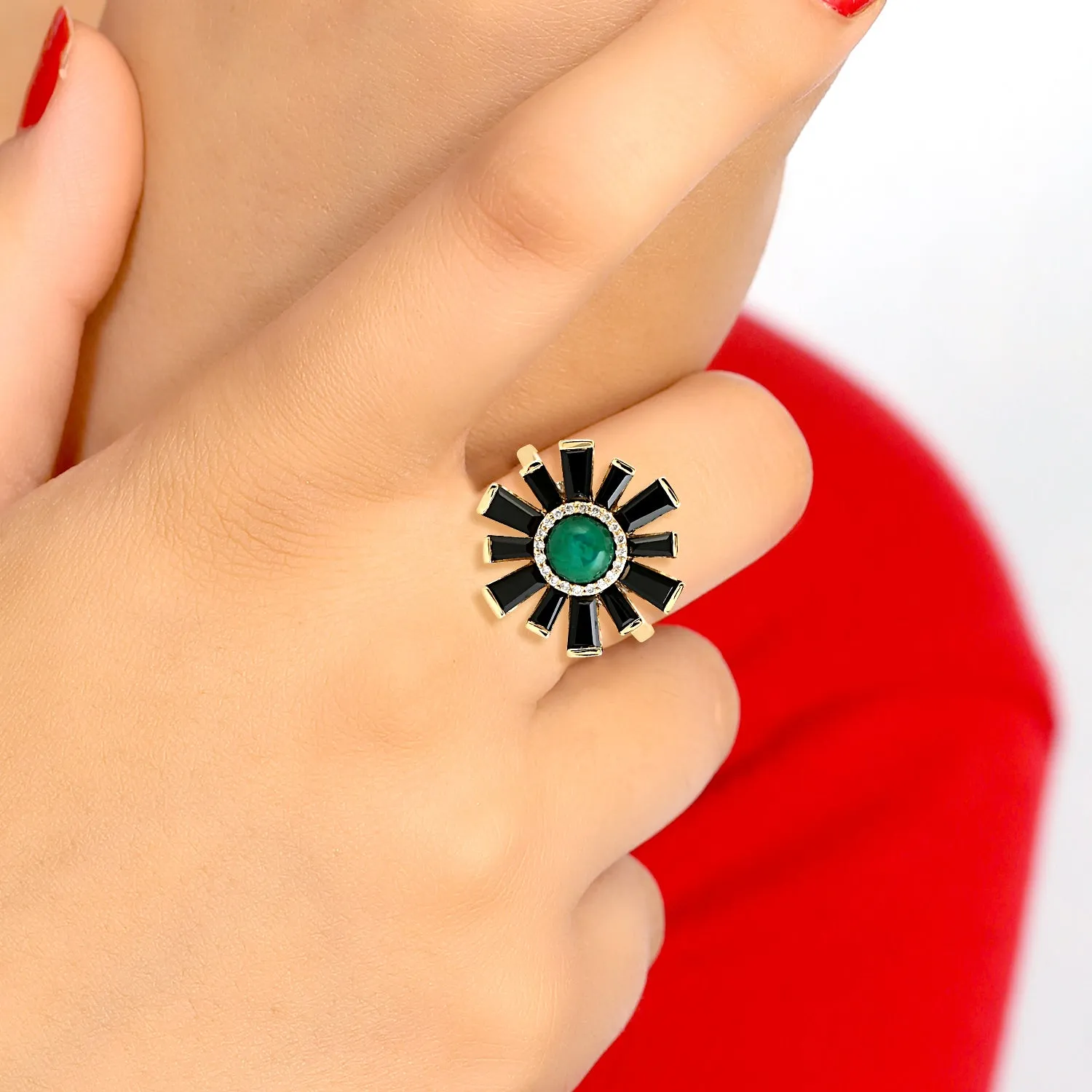 Chrysocolla Baguette Spinel Gemstone Pave Diamond In Solid Gold Ring