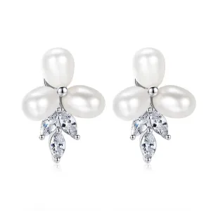 Claire Platinum Plated Freshwater Pearl & Cubic Zirconia Stud Earrings