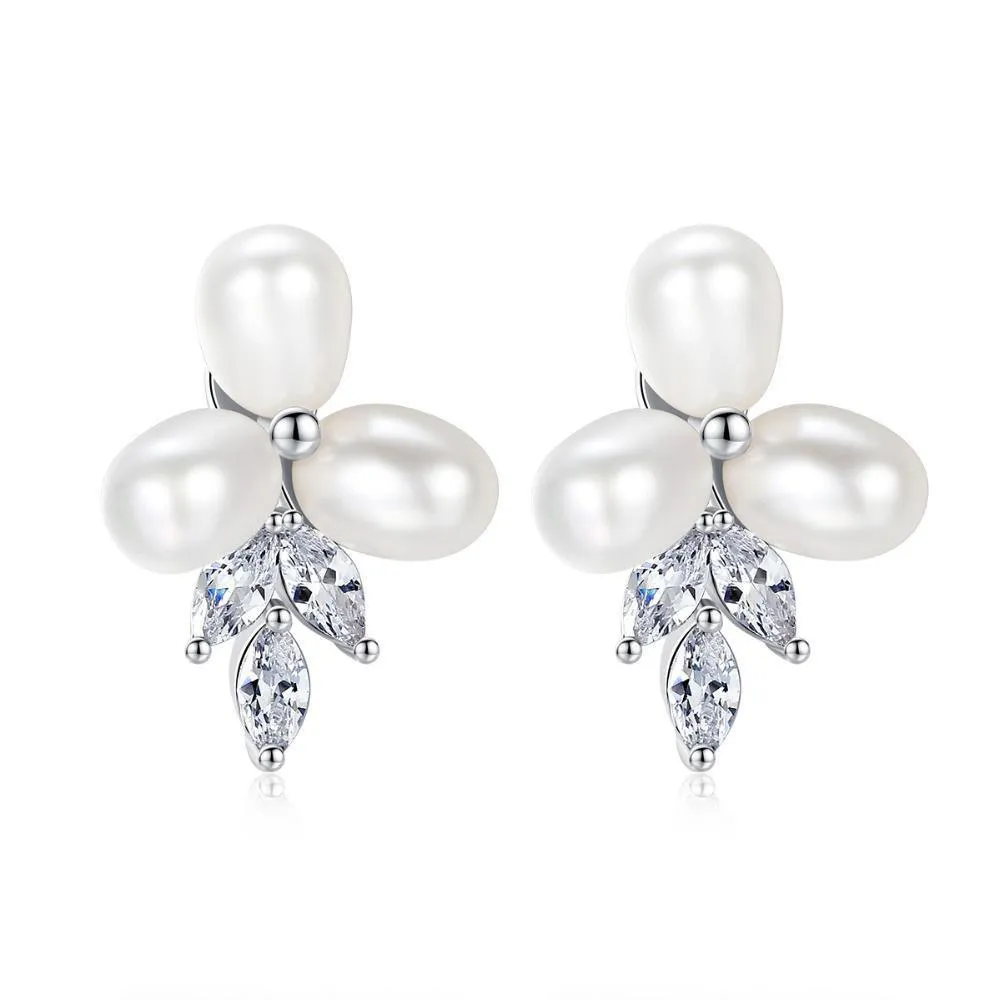 Claire Platinum Plated Freshwater Pearl & Cubic Zirconia Stud Earrings