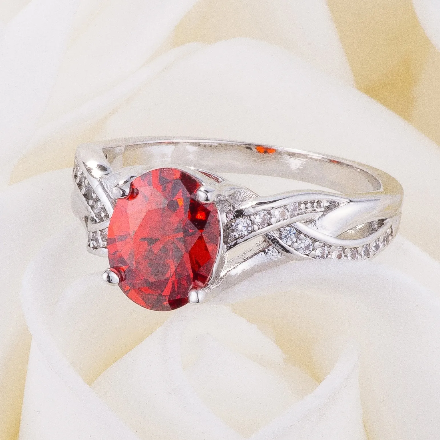 Classic 2ct Apple Red CZ Rhodium Plated Oval Ring