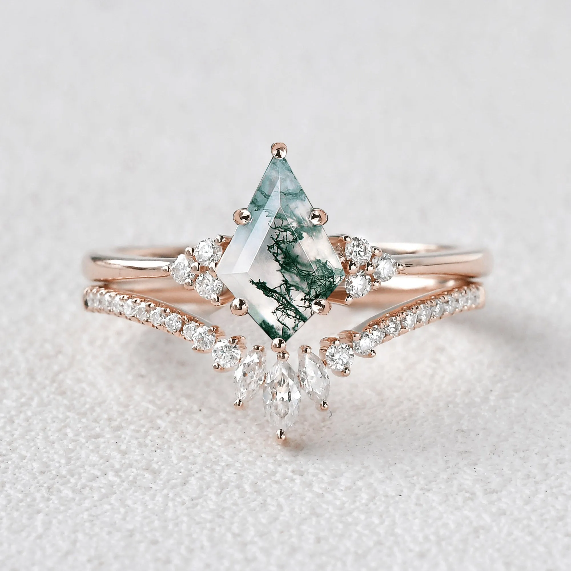 Classic Engagement - Unique Moss Agate Engagement Ring Set 2pcs - Lydia