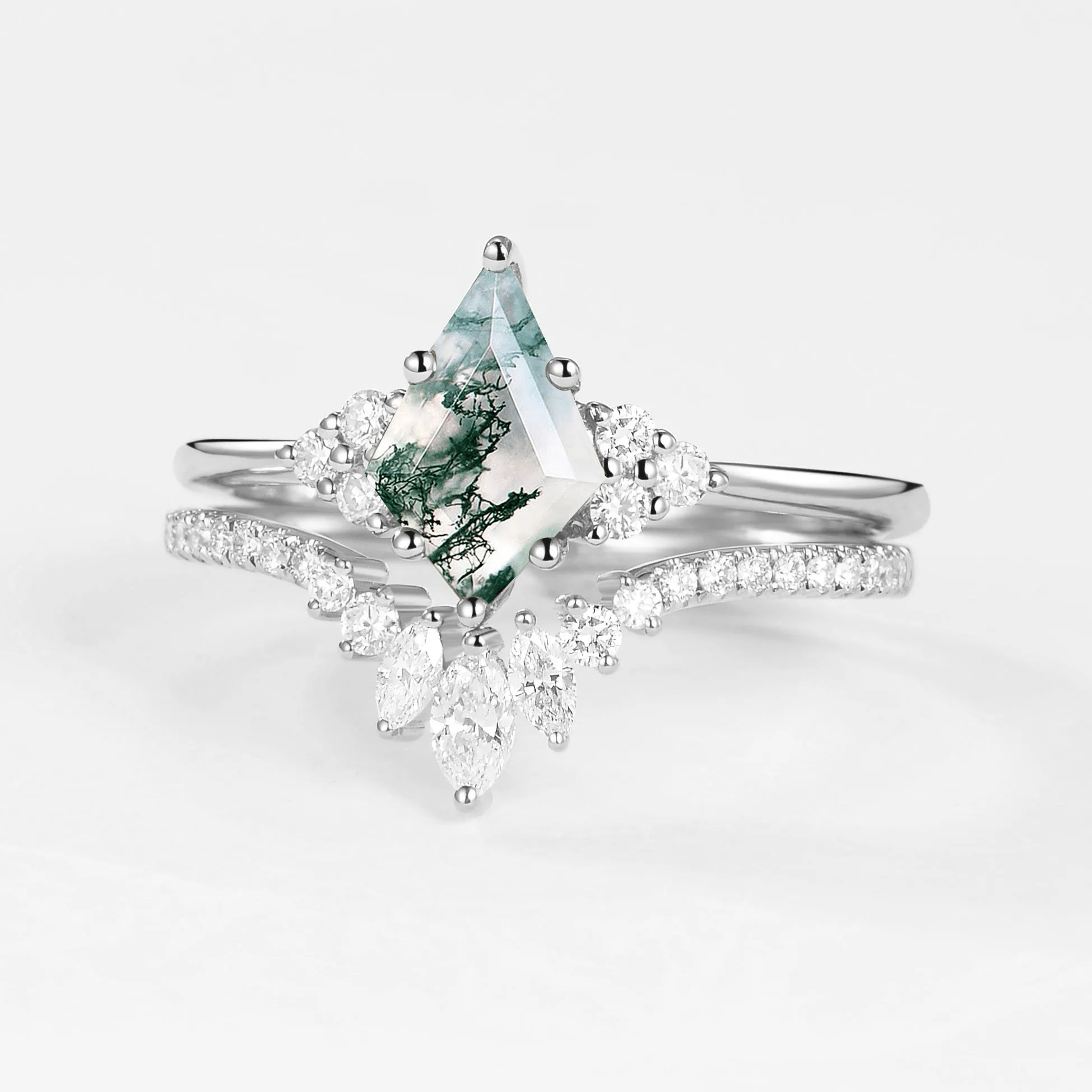Classic Engagement - Unique Moss Agate Engagement Ring Set 2pcs - Lydia