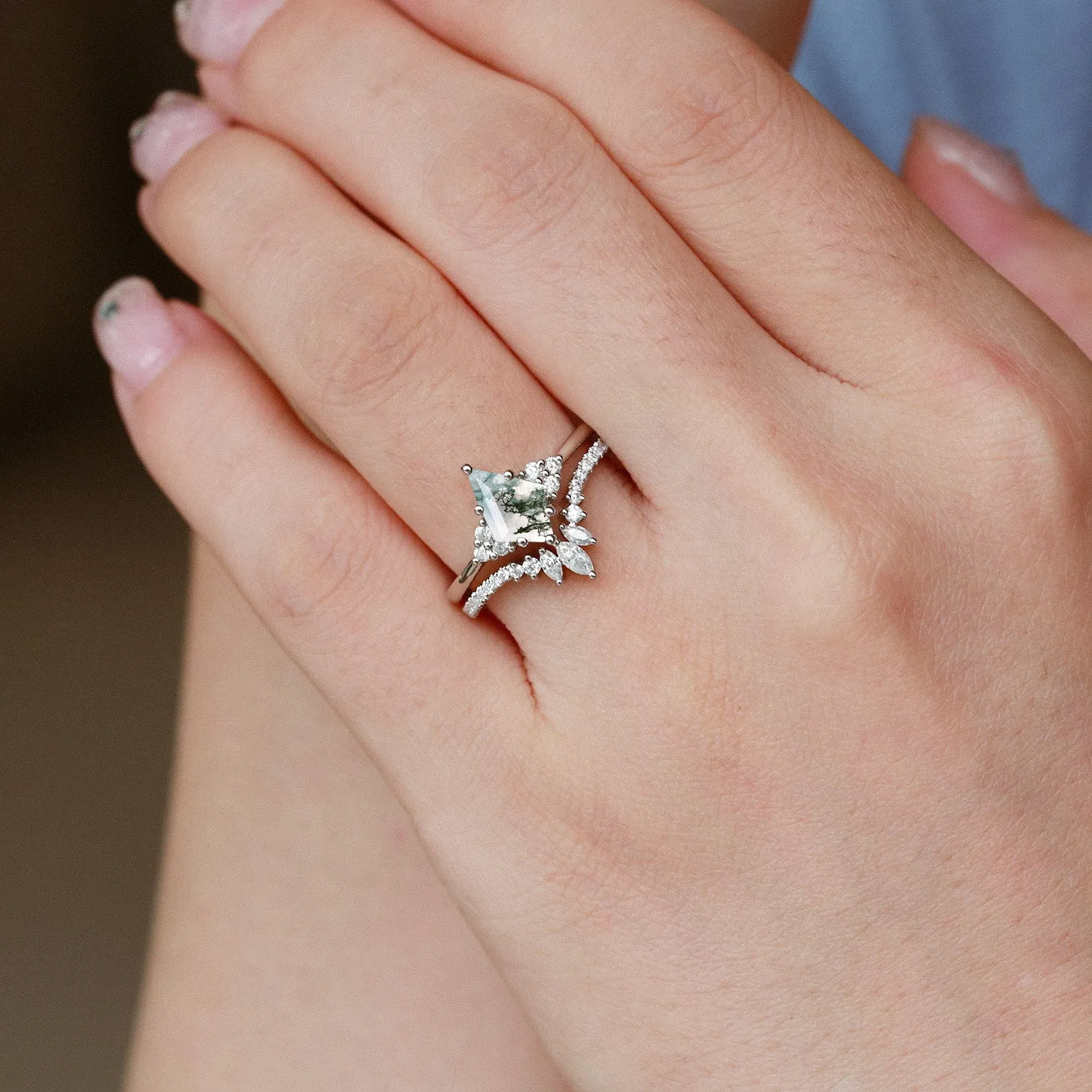 Classic Engagement - Unique Moss Agate Engagement Ring Set 2pcs - Lydia