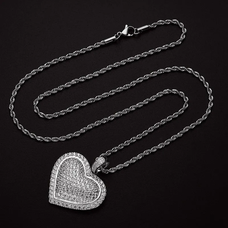 Created Diamond Heart Shaped Long Chain Hip Hop Pendant Necklace