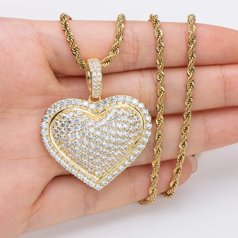 Created Diamond Heart Shaped Long Chain Hip Hop Pendant Necklace