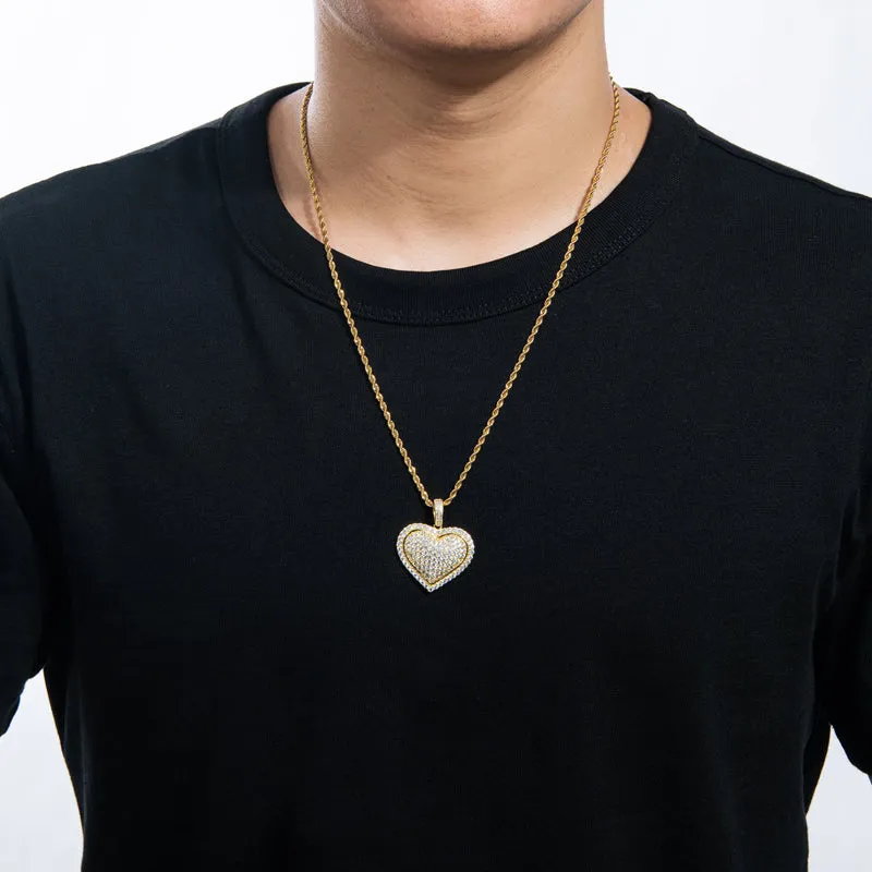 Created Diamond Heart Shaped Long Chain Hip Hop Pendant Necklace