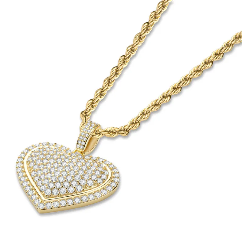 Created Diamond Heart Shaped Long Chain Hip Hop Pendant Necklace