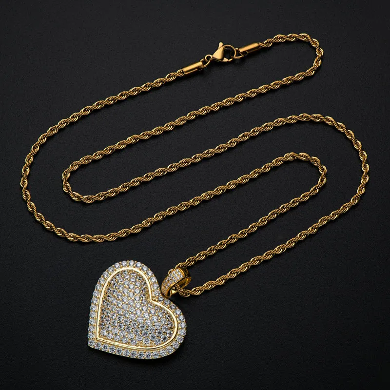 Created Diamond Heart Shaped Long Chain Hip Hop Pendant Necklace