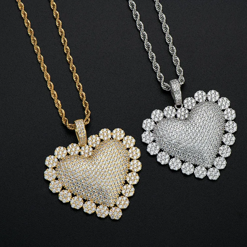 Created Diamond Heart Shaped Luxury Rope Chain Hip Hop Pendant Necklace