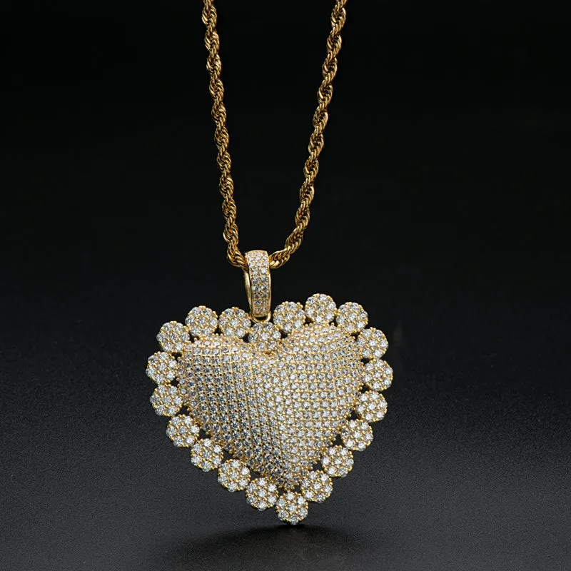 Created Diamond Heart Shaped Luxury Rope Chain Hip Hop Pendant Necklace