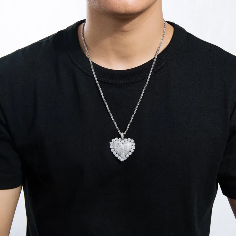 Created Diamond Heart Shaped Luxury Rope Chain Hip Hop Pendant Necklace