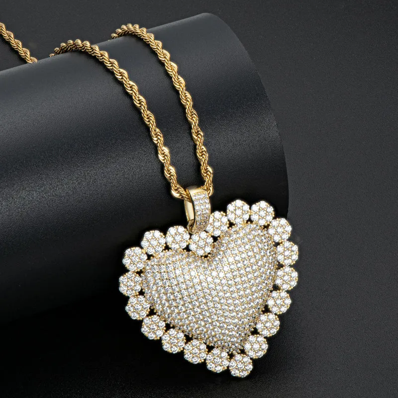 Created Diamond Heart Shaped Luxury Rope Chain Hip Hop Pendant Necklace