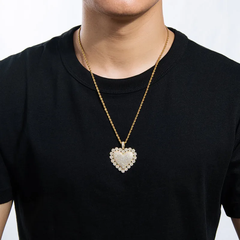Created Diamond Heart Shaped Luxury Rope Chain Hip Hop Pendant Necklace