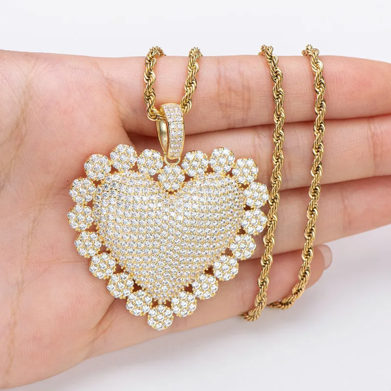 Created Diamond Heart Shaped Luxury Rope Chain Hip Hop Pendant Necklace