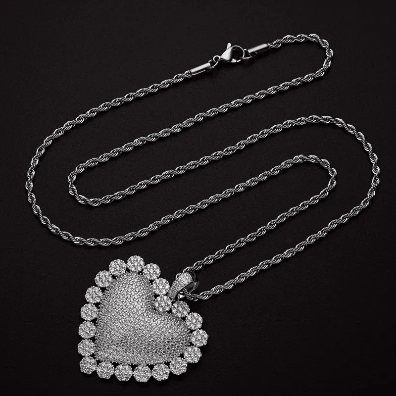 Created Diamond Heart Shaped Luxury Rope Chain Hip Hop Pendant Necklace