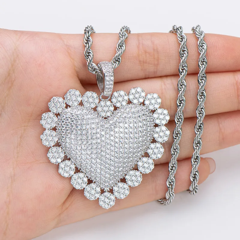 Created Diamond Heart Shaped Luxury Rope Chain Hip Hop Pendant Necklace