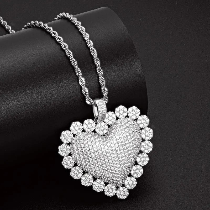 Created Diamond Heart Shaped Luxury Rope Chain Hip Hop Pendant Necklace