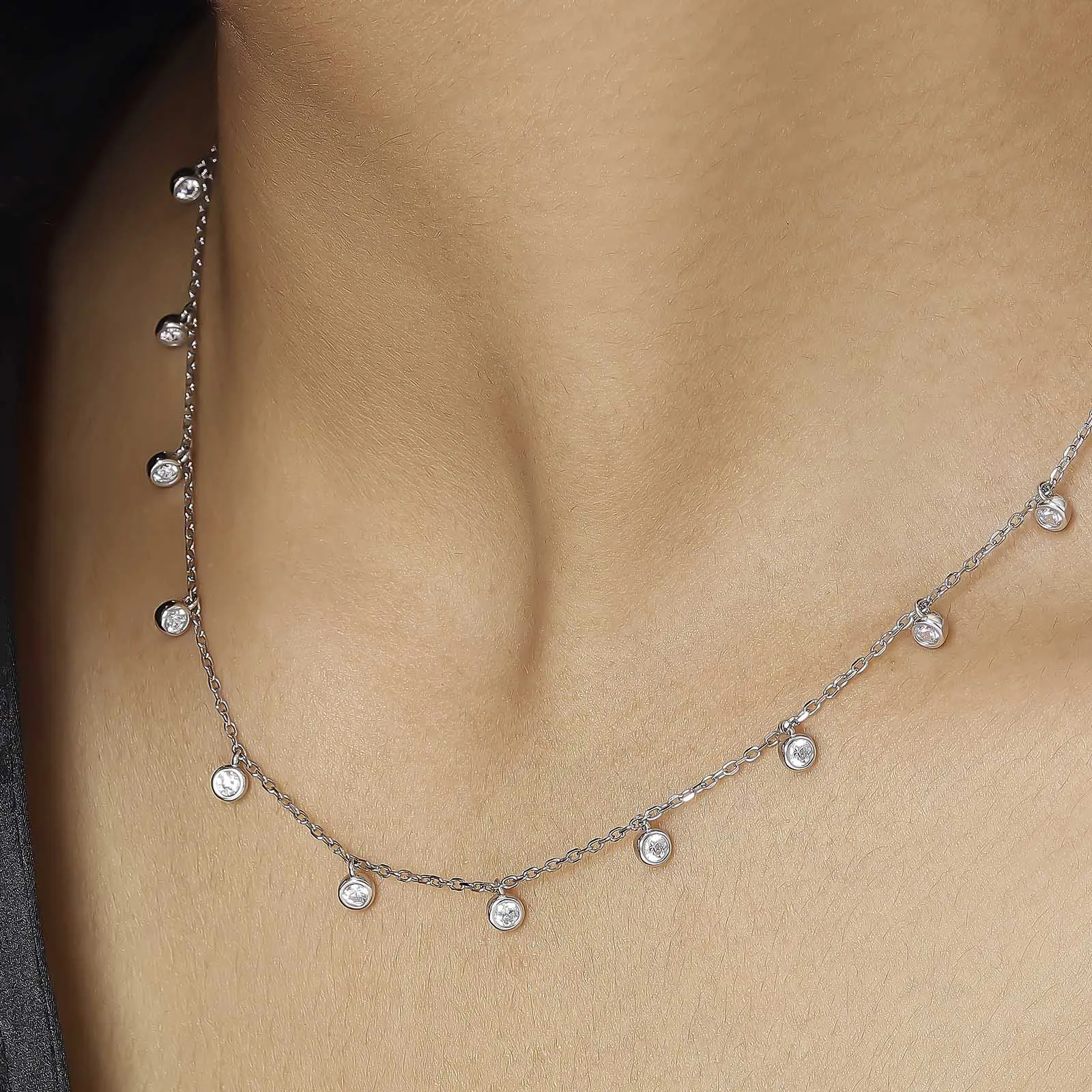 CZ Bezel-Set Necklace For Women - 925 Sterling Silver Rhodium Plated