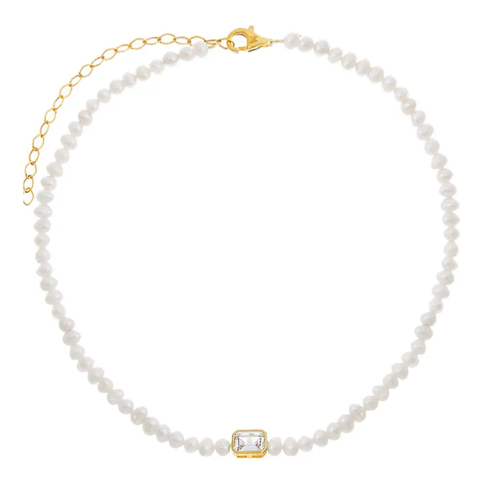 CZ Emerald Bezel Pearl Choker