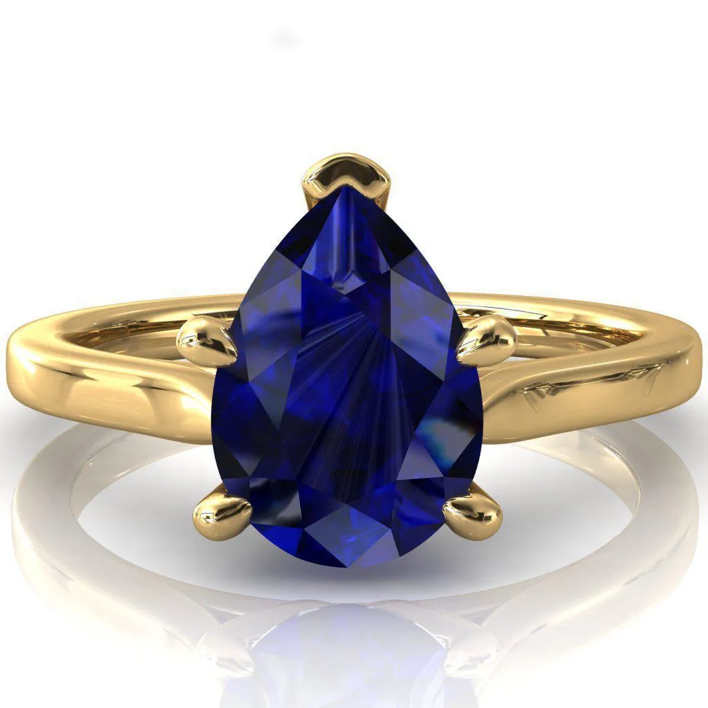 Darci Pear Blue Sapphire 5 Prong Cathedral Solitaire Engagement Ring