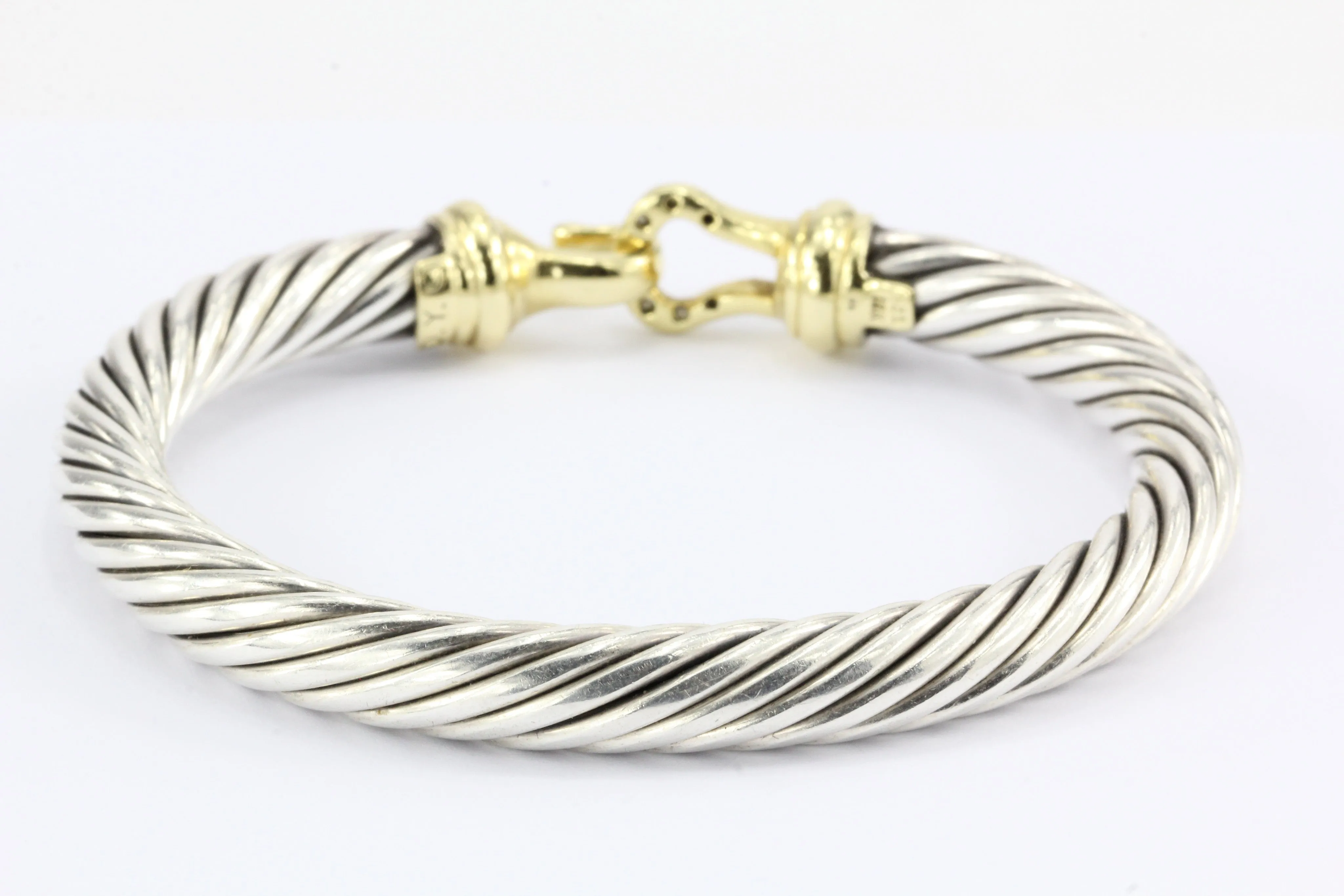 David Yurman Sterling Silver 18k Gold Diamond Buckle Cable Bangle Bracelet