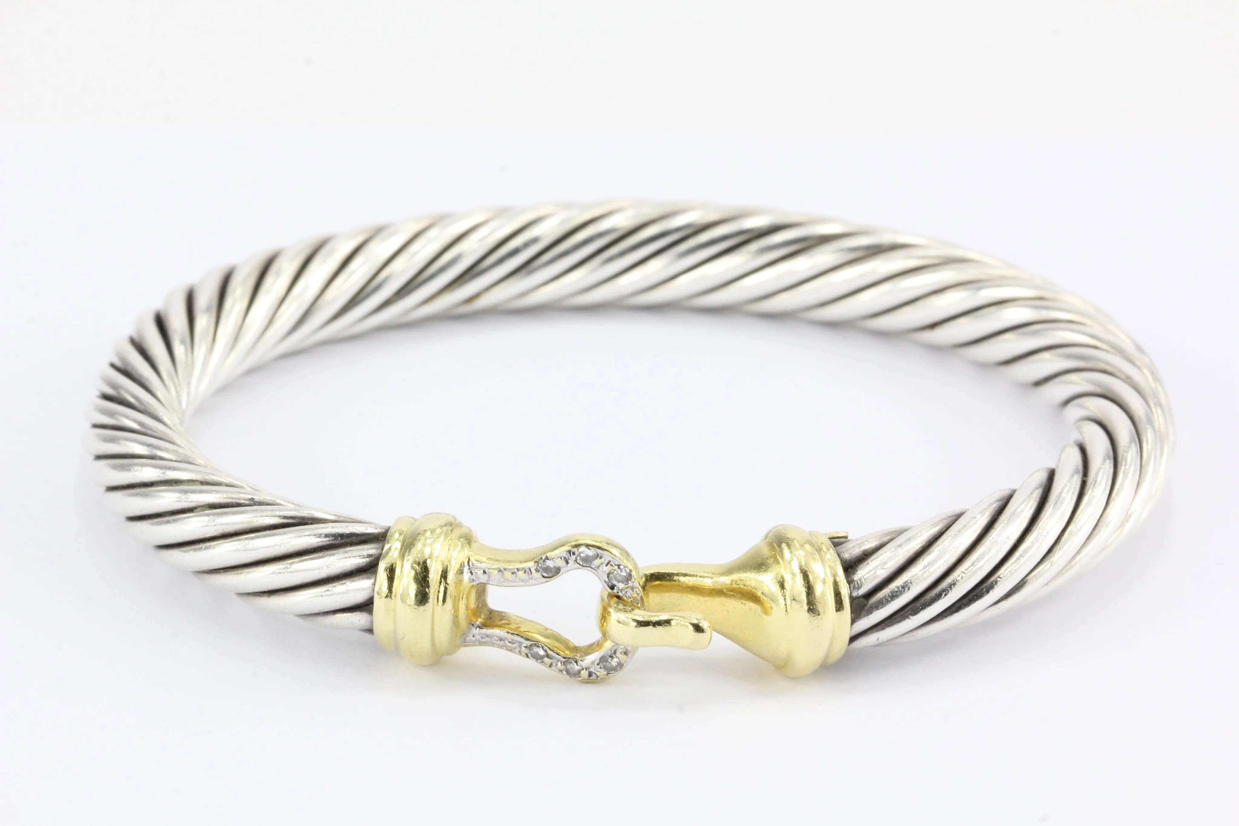 David Yurman Sterling Silver 18k Gold Diamond Buckle Cable Bangle Bracelet