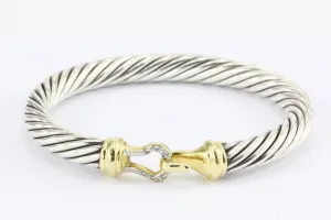 David Yurman Sterling Silver 18k Gold Diamond Buckle Cable Bangle Bracelet