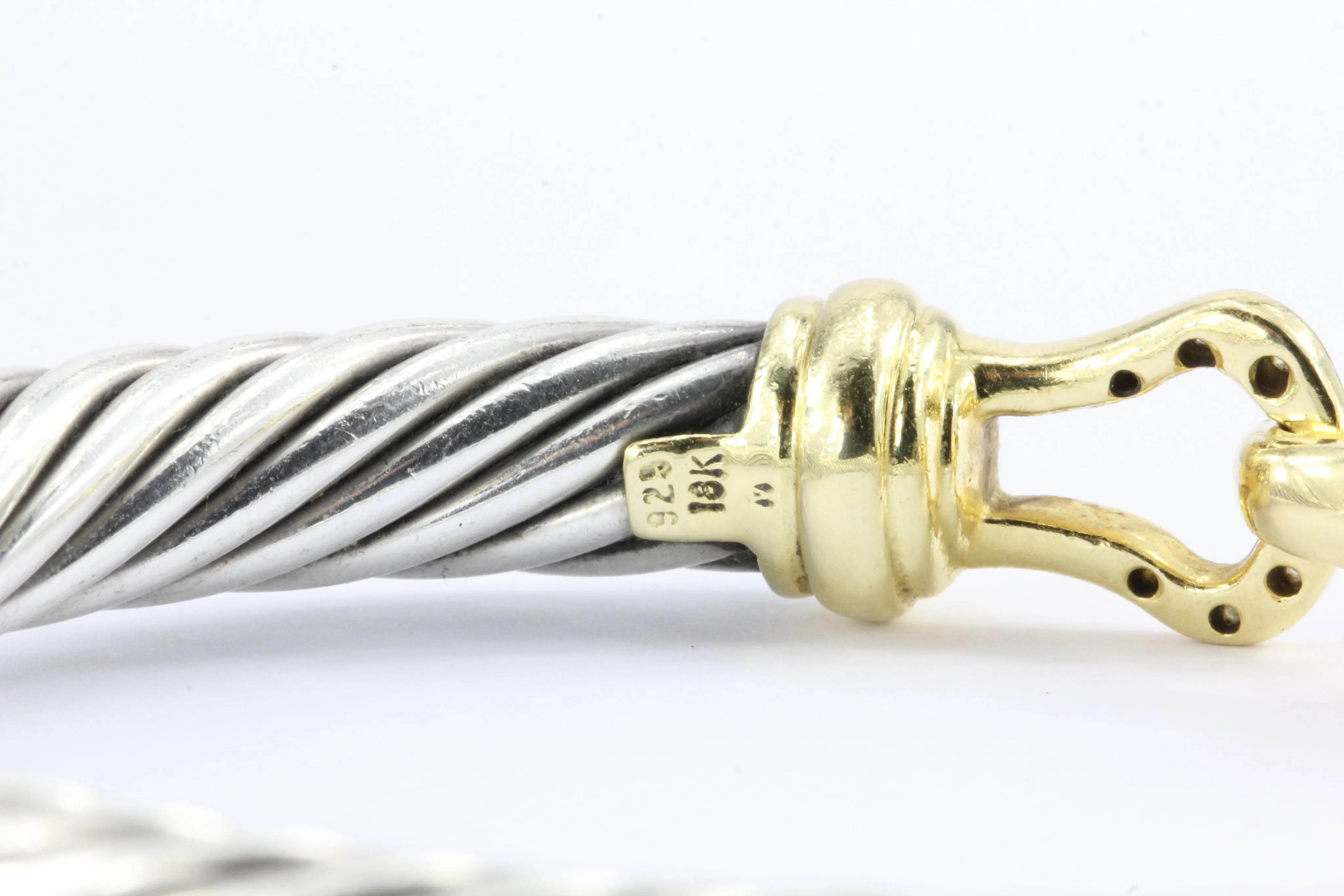 David Yurman Sterling Silver 18k Gold Diamond Buckle Cable Bangle Bracelet