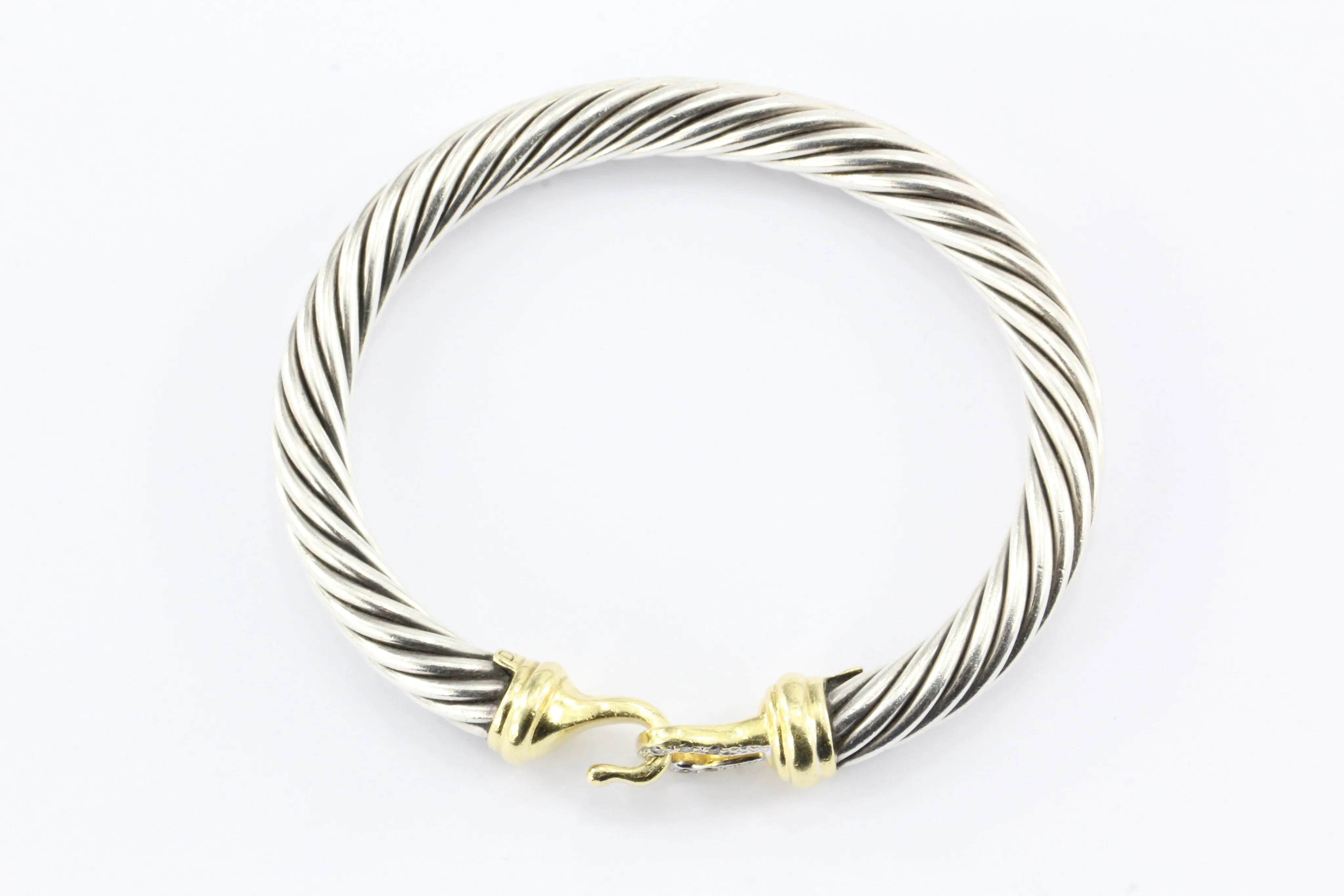 David Yurman Sterling Silver 18k Gold Diamond Buckle Cable Bangle Bracelet