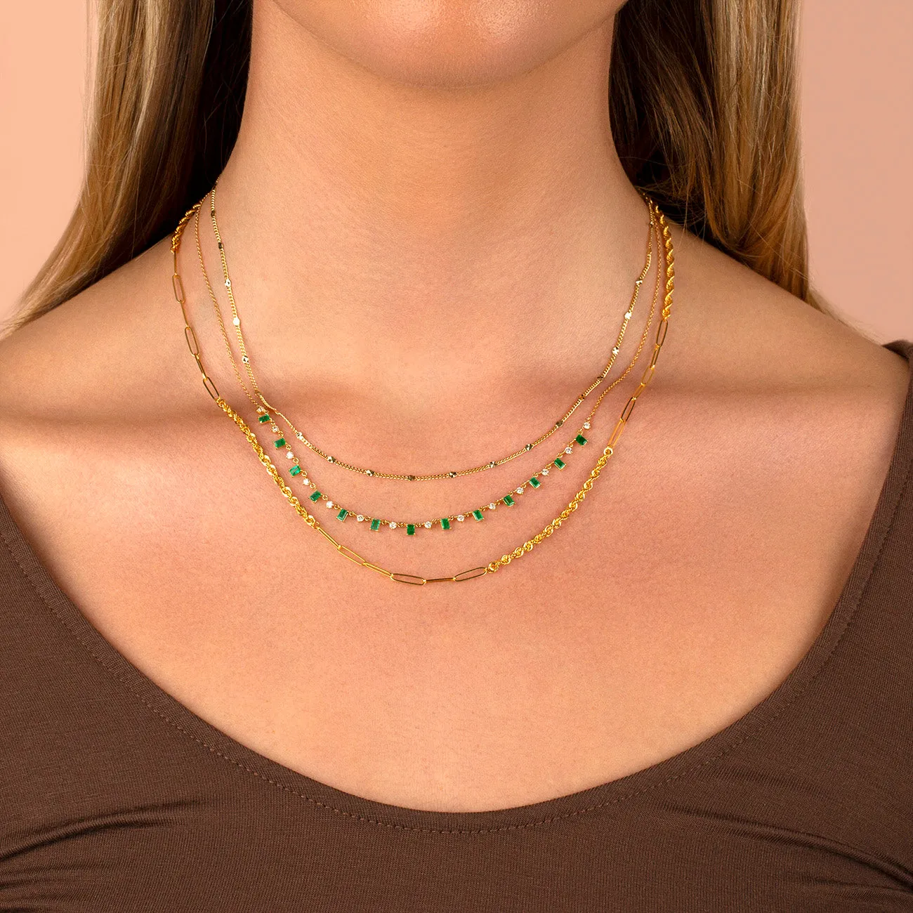 Diamond Emerald Baguette X Solitaire Necklace 14K