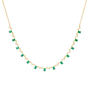Diamond Emerald Baguette X Solitaire Necklace 14K