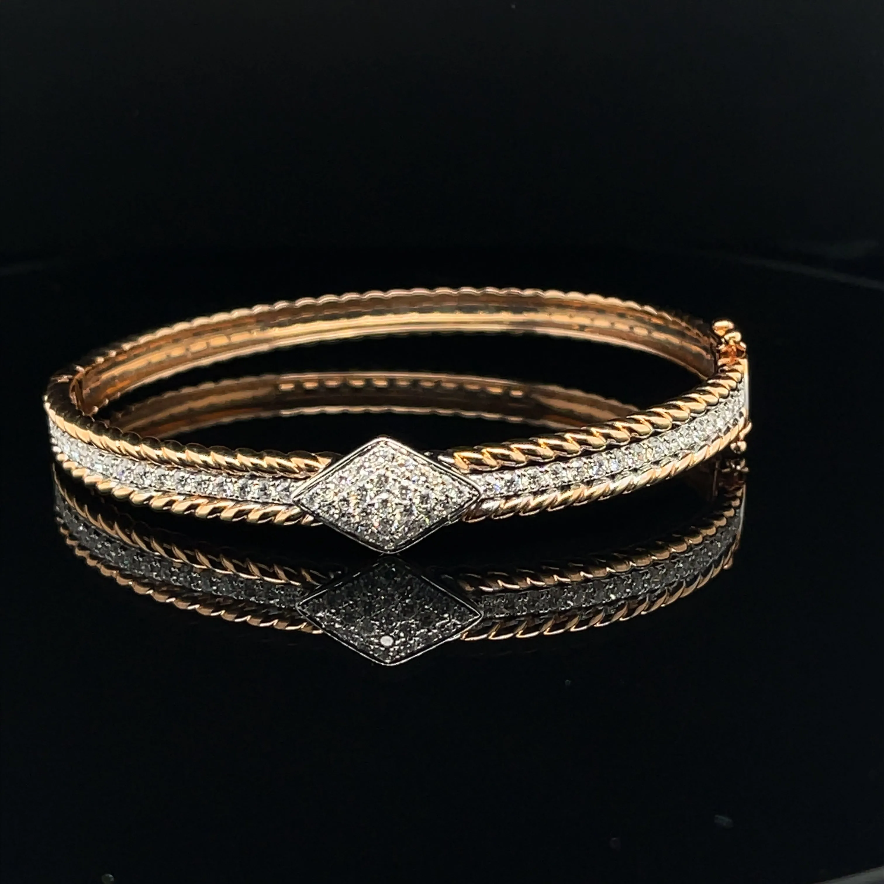 Diamond Retro Herringbone Bangle Bracelet in 18k Rose Gold - (#111-BGDIA042626)