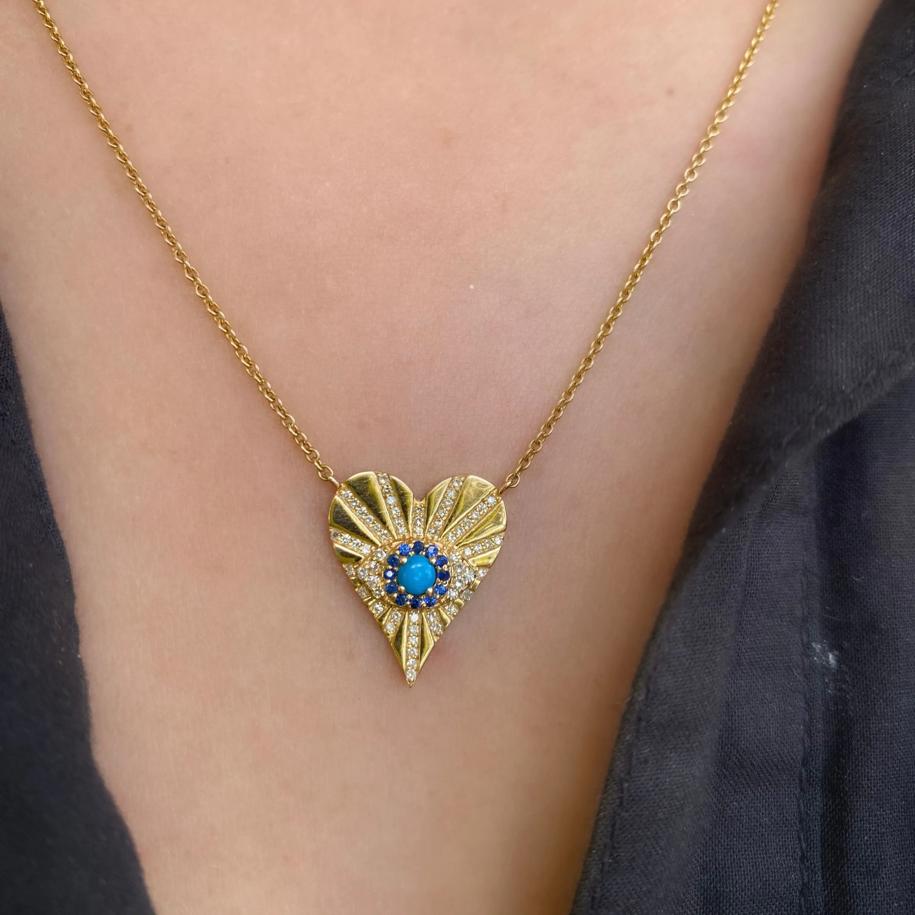Diamond Turquoise and Blue Sapphire Heart Necklace
