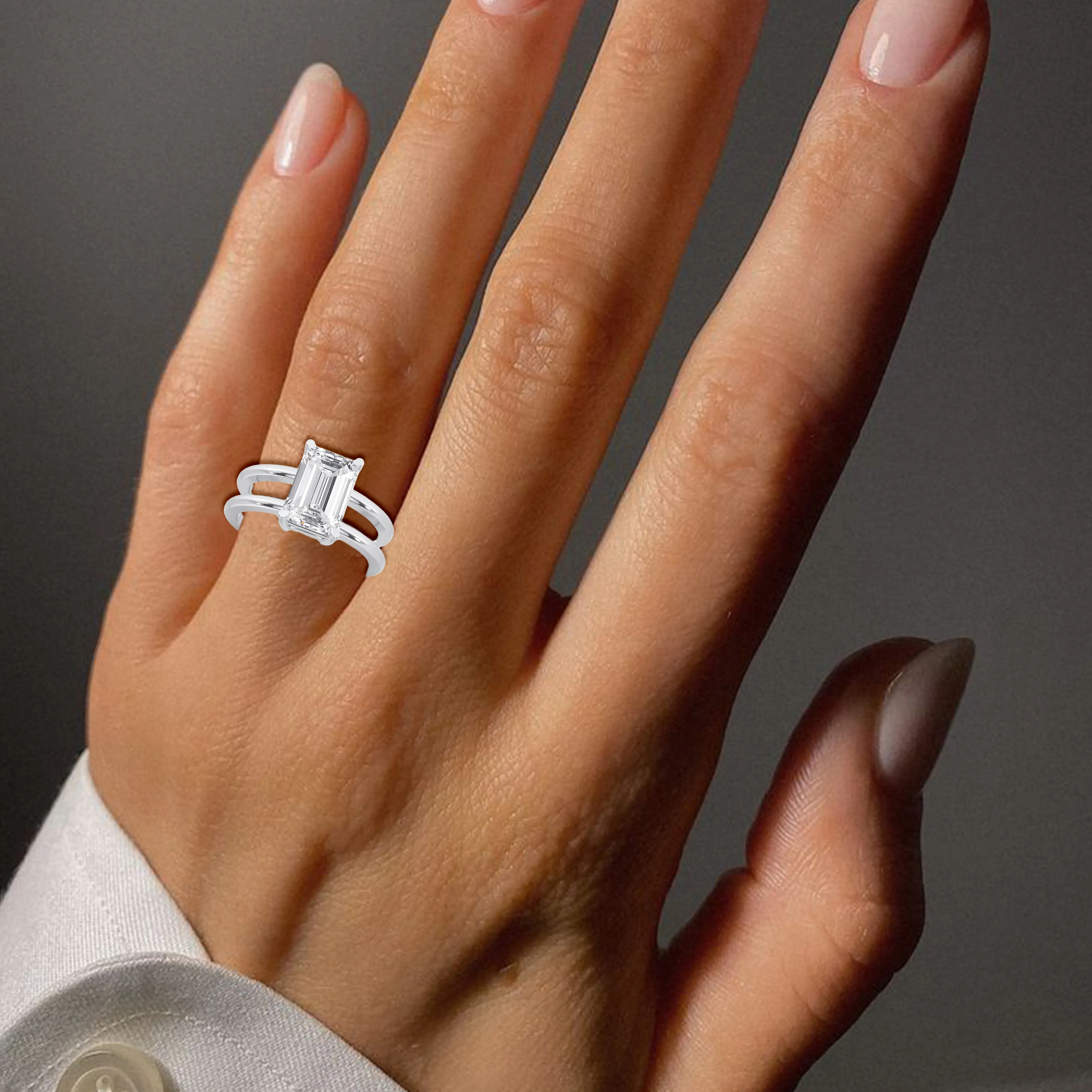 Double Band Emerald Cut Solitaire Ring