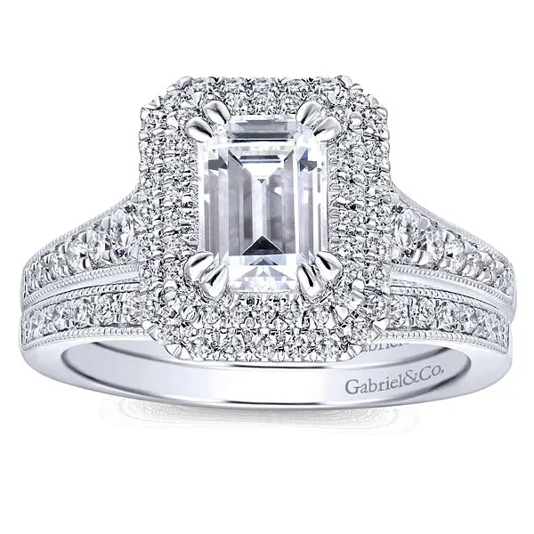 Double Halo Emerald Cut Diamond Engagement Mounting