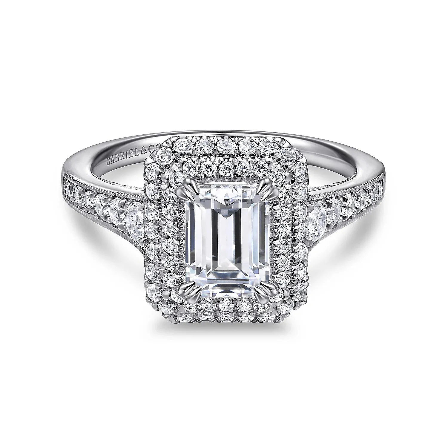 Double Halo Emerald Cut Diamond Engagement Mounting