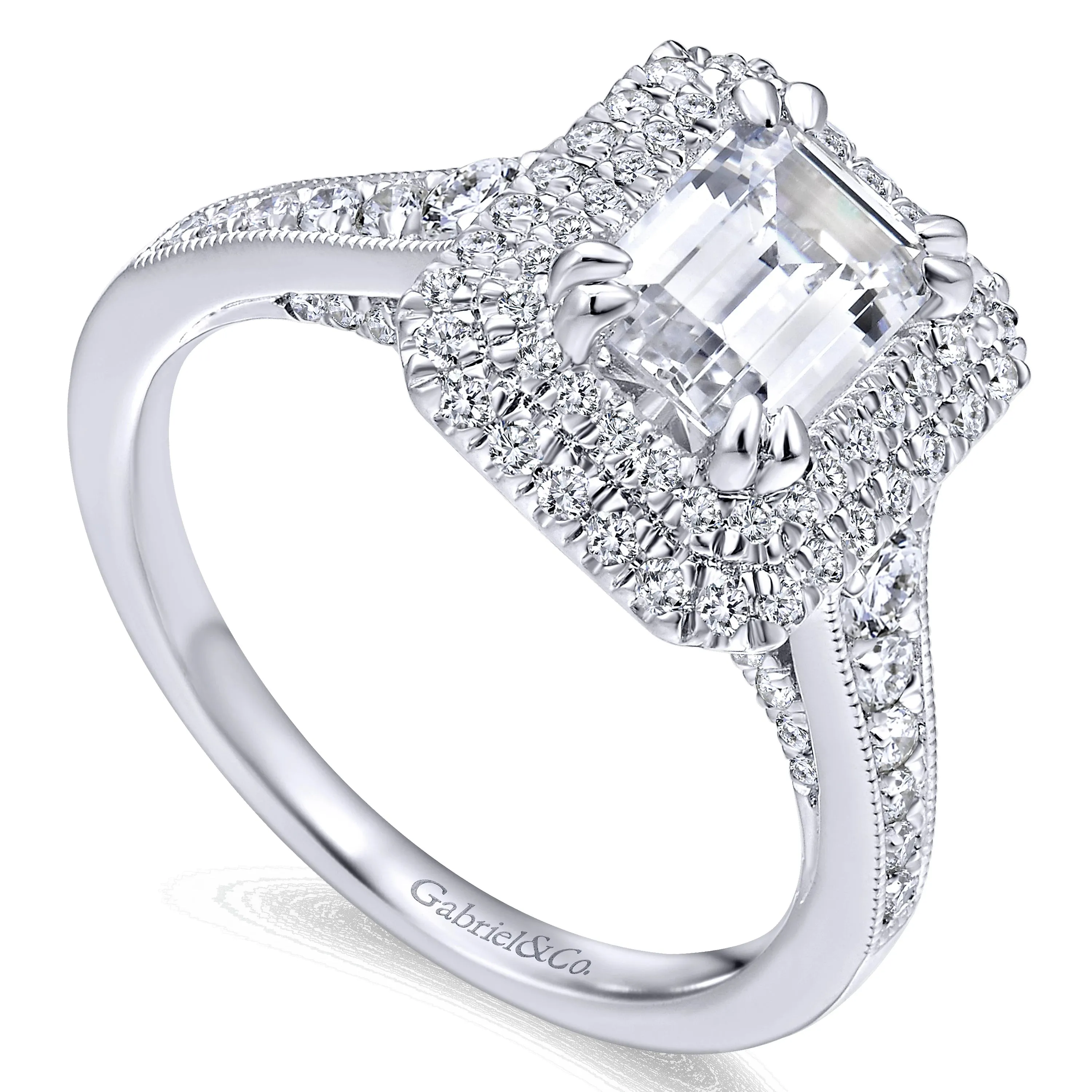 Double Halo Emerald Cut Diamond Engagement Mounting